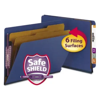 Smead End Tab Pressboard Classification Folders, Letter Size, Dark Blue, 2" Expansion, 2 Dividers, Six SafeSHIELD Fasteners, 10/Box