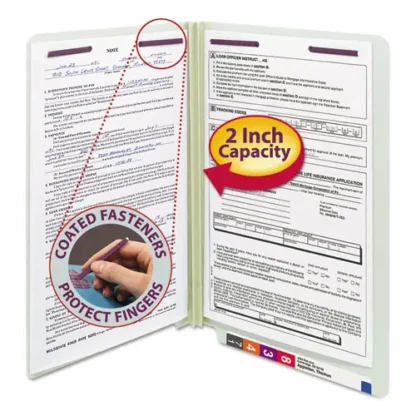 Smead End Tab Pressboard Classification Folders with SafeSHIELD Coated Fasteners, Legal Size, 2" Expansion, Gray-Green, 25/Box