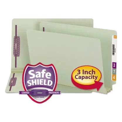 Smead End Tab Pressboard Classification Folders, Two SafeSHIELD Coated Fasteners, 3" Expansion, Legal Size, Gray-Green, 25/Box