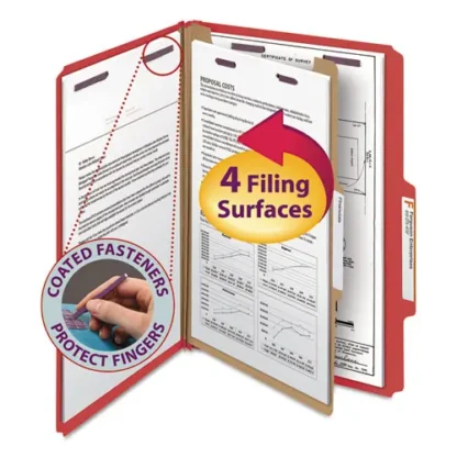 Smead Four-Section Pressboard Top Tab Classification Folders, Legal Size, Bright Red, 10/Box