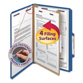 Smead Four-Section Pressboard Top Tab Classification Folders, Four SafeSHIELD Fasteners, 1 Divider, Legal Size, Dark Blue, 10/Box