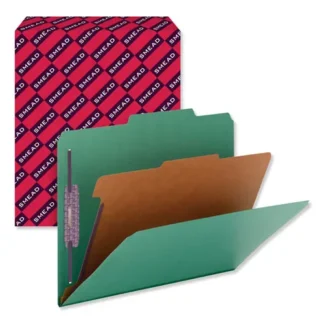 Smead Four-Section Pressboard Top Tab Classification Folders, Four SafeSHIELD Fasteners, 1 Divider, Letter Size, Green, 10/Box