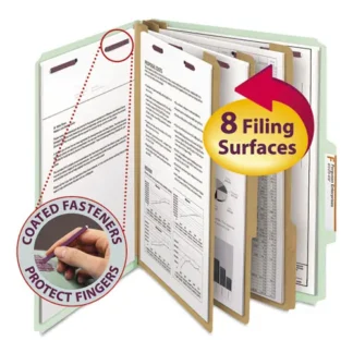 Smead Pressboard Classification Folders, Eight SafeSHIELD Fasteners, 2/5-Cut Tabs, 3 Dividers, Letter Size, Gray-Green, 10/Box
