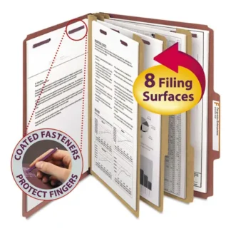 Smead Pressboard Classification Folders, 3 Dividers, Eight SafeSHIELD Fasteners, Letter Size, Red, 10/Box