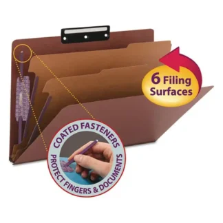 Smead Pressboard Classification Folders, Six SafeSHIELD Fasteners, 1/3-Cut Tabs, 2 Dividers, Legal Size, Red, 10/Box
