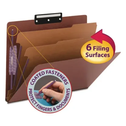 Smead Pressboard Classification Folders, Six SafeSHIELD Fasteners, 1/3-Cut Tabs, 2 Dividers, Letter Size, Red, 10/Box