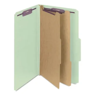 Smead Pressboard Classification Folders with SafeSHIELD Coated Fasteners, 6 Fasteners, 2 Dividers, Legal Size, 2/5-Cut Tabs, Gray-Green, 10/Box