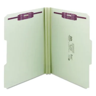 Smead Recycled Pressboard Fastener Folders, 1/3-Cut Tabs, Two SafeSHIELD Fasteners, 2" Expansion, Letter Size, Gray-Green, 25/Box