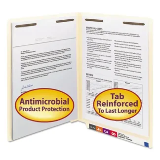 Smead Reinforced End Tab Fastener Folders, Antimicrobial Protection, 0.75" Expansion, 2 Fasteners, Letter Size, Manila, 50/Box