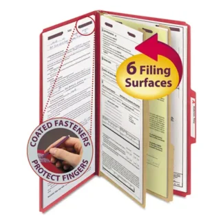 Smead Six-Section Pressboard Top Tab Classification Folders, Six SafeSHIELD Fasteners, 2 Dividers, Legal Size, Bright Red, 10/Box