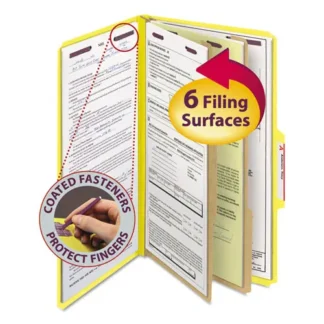 Smead Six-Section Pressboard Top Tab Classification Folders with SafeSHIELD Coated Fasteners, Legal Size, Yellow, 10/Box