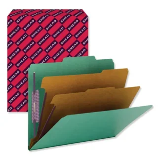 Smead Six-Section Pressboard Top Tab Classification Folders with SafeSHIELD Fasteners, 2 Dividers, Letter Size, Green, 10/Box