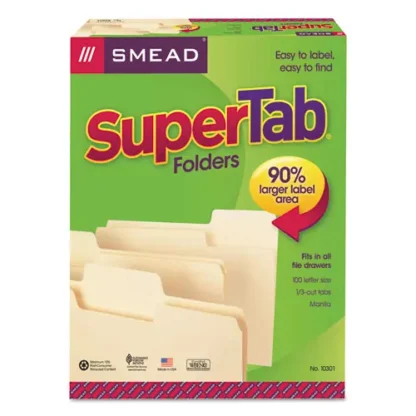 Smead SuperTab Top Tab File Folders, 1/3-Cut Tabs, Assorted Positions, Letter Size, 0.75" Expansion, 11-pt Manila, 100/Box