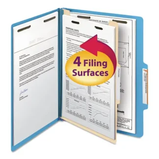 Smead Top Tab Classification Folders with SafeSHIELD Fasteners, 1 Divider, 4 Fasteners, Letter Size, Blue, 10/Box