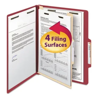 Smead Top Tab Classification Folders, Four SafeSHIELD Fasteners, 2" Expansion, 1 Divider, Letter Size, Red Exterior, 10/Box