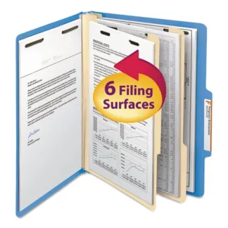 Smead Top Tab Classification Folders, Six SafeSHIELD Fasteners, 2" Expansion, 2 Dividers, Letter Size, Blue Exterior, 10/Box