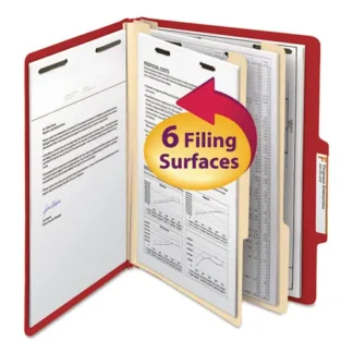 Smead Top Tab Classification Folders, Six SafeSHIELD Fasteners, 2" Expansion, 2 Dividers, Letter Size, Red Exterior, 10/Box