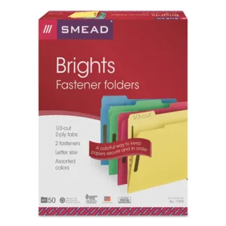 Smead Top Tab Colored Fastener Folders, Letter Size, Assorted Colors, 50/Box
