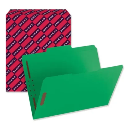 Smead Top Tab Colored Fastener Folders, 0.75" Expansion, 2 Fasteners, Letter Size, Green Exterior, 50/Box