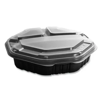 SOLO® OctaView Hinged-Lid Hot Food Containers, 3 Compartments, 38 oz, Black/Clear, Plastic