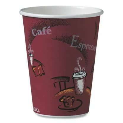 SOLO® Paper Hot Drink Cups in Bistro Design, 12 oz, Maroon, 50/Bag, 20 Bags/Carton