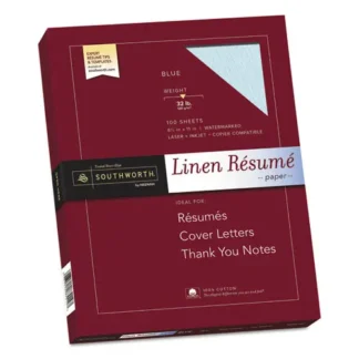 Southworth® 100% Cotton Premium Weight Linen Resume Paper, 32 lb Bond, 8.5 x 11, Blue, 100/Pack