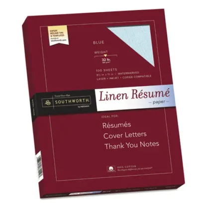 Southworth® 100% Cotton Premium Weight Linen Resume Paper, 32 lb Bond, 8.5 x 11, Blue, 100/Pack