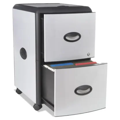 Storex Mobile Filing Cabinet with Metal Siding and Top-Drawer Organizer Tray, 2 Letter File Drawers, Silver/Black