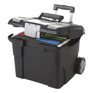 Storex Premium Mobile File Transport Box with Telescoping Handle and Organizer Tray, Black/Gray