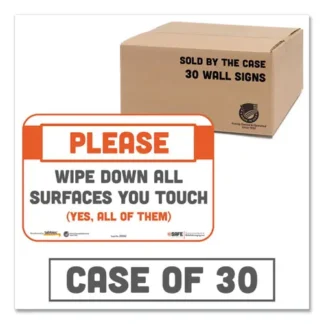 Tabbies® BeSafe Messaging Repositionable Wall/Door Signs, Please Wipe Down All Surfaces You Touch, White, 30/Carton