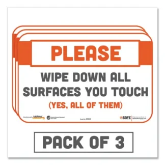 Tabbies® BeSafe Messaging Repositionable Wall/Door Signs, Please Wipe Down All Surfaces You Touch, White, 3/Pack