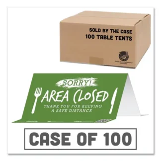 Tabbies® BeSafe Messaging Table Top Tent Card - Sorry! Area Closed Thank You For Keeping A Safe Distance, Green, 100/Carton