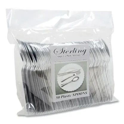 Tablemate® Sterling Heavy-Duty Plastic Cutlery, Spoon, Silver, 50/Pack