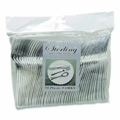 Tablemate® Sterling Heavyweight Plastic Cutlery, Fork, Silver, 50/Pack