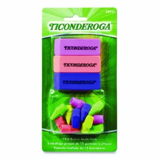 Ticonderoga® Neon Eraser Multipack, For Pencil Marks, Assorted Colors, 15 Erasers (12 End-Cap, 3 Block)