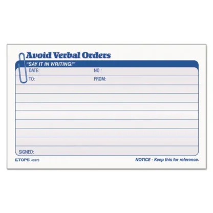 TOPS™ Avoid Verbal Orders Manifold Book, Two-Part Carbonless, 50 Forms, 6.25 x 4.25