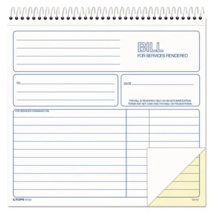 TOPS™ Bill for Services Rendered Book, Two-Part Carbonless, 50 Forms, 8.5 x 7.75