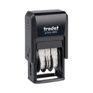 Trodat® Printy Economy Micro 5-in-1 Date Stamp with Text Plates, Self-Inking, Blue/Red