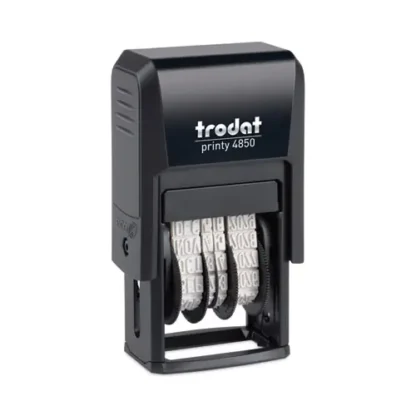 Trodat® Printy Economy Micro 5-in-1 Date Stamp with Text Plates, Self-Inking, Blue/Red