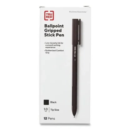 TRU RED™ Gripped Ballpoint Pen, Stick, Medium 1 mm, Black Ink, Black Barrel, Dozen