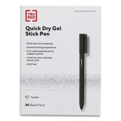 TRU RED™ Quick Dry Gel Pen, Retractable, Medium 0.7 mm, Black Ink, Black Barrel, 5/Pack