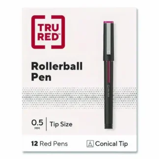 TRU RED™ Rollerball Pen, Stick, Fine 0.5 mm, Red Ink, Black/Red/Clear Barrel, Dozen
