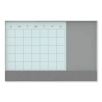 U Brands 3N1 Magnetic Glass Dry Erase Combo Board, Monthly Planning, Gray/White Surface, White Frame, 24" x 18" (Actual 23" x 17")