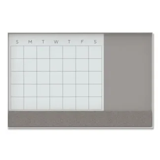 U Brands 3N1 Magnetic Glass Dry Erase Combo Board, Monthly Planning, 48 x 36, Gray/White Surface, White Frame