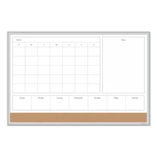U Brands 4N1 Magnetic Dry Erase Combo Board, Week/Month Planning, Magnetic, 36" x 24", Tan/White Surface, Satin Aluminum Frame