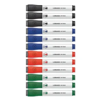 U Brands Chisel Tip Low-Odor Dry-Erase Markers with Erasers, Assorted Colors, Broad Chisel Tip, 12/Pack