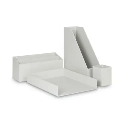 U Brands Four-Piece Desk Organization Kit, Magazine Holder, Paper Tray, Pencil Cup, Storage Bin, Chipboard, Gray