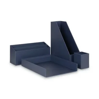 U Brands Four-Piece Desk Organization Kit, Magazine Holder, Paper Tray, Pencil Cup, Storage Bin, Chipboard, Navy
