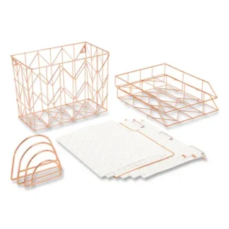 U Brands Letter-Size Desktop Fashion Filing Set, Rose Gold, (1) Rack, (3) Hanging Folders, (3) File Folders, (2) Trays, (1) Mail Sorter