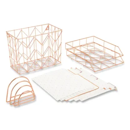 U Brands Letter-Size Desktop Fashion Filing Set, Rose Gold, (1) Rack, (3) Hanging Folders, (3) File Folders, (2) Trays, (1) Mail Sorter